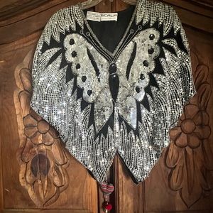 Scala SILK Sequin Batwing Sleeve BEADED Vintage Butterfly Blouse